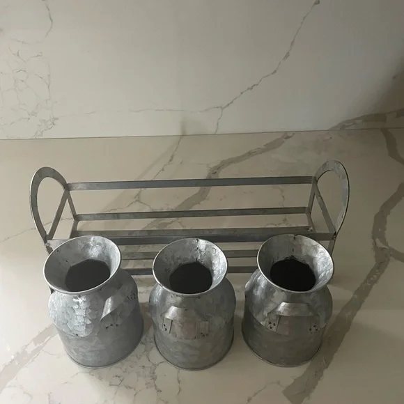 Galvanized Metal Milk Can Trio with Stand - Picture 10 of 13
